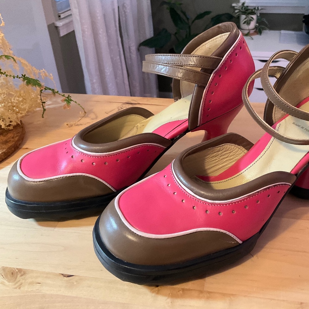 John Fluevog Pink/Brown Mary Jane Heels